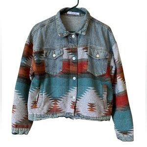 Miss Sparkling Denim Jean Jacket Women's L Southwestern Boho Retro Aztec Button